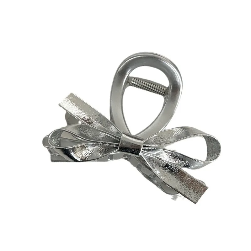 Sweet and Cool Silver Bow Water Diamond Claw Clip  Back Spoon Pan Hair Large Shark Clip High Grade Headwear Accessories