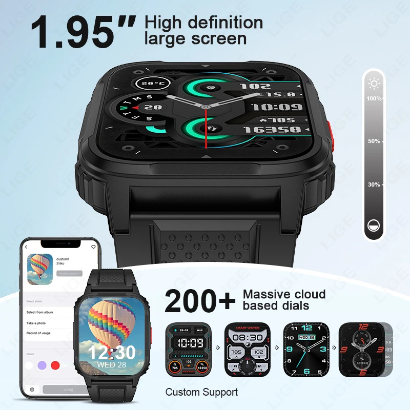 LIGE jam tangan pintar pria, panggilan Bluetooth suara baterai sangat panjang jam tangan jejak kesehatan tidur 1.95 inci layar HD olahraga