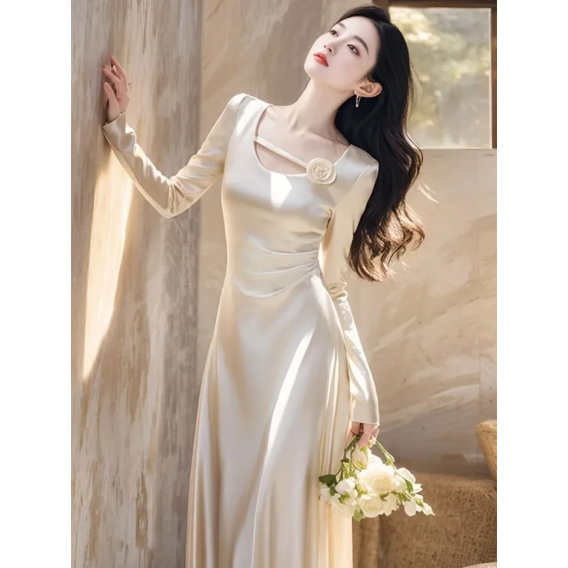 Ocasiones formales elegante vestido de satén blanco ropa de otoño francés de gama alta exquisito estilo clásico vestido largo adelgazante de cintura