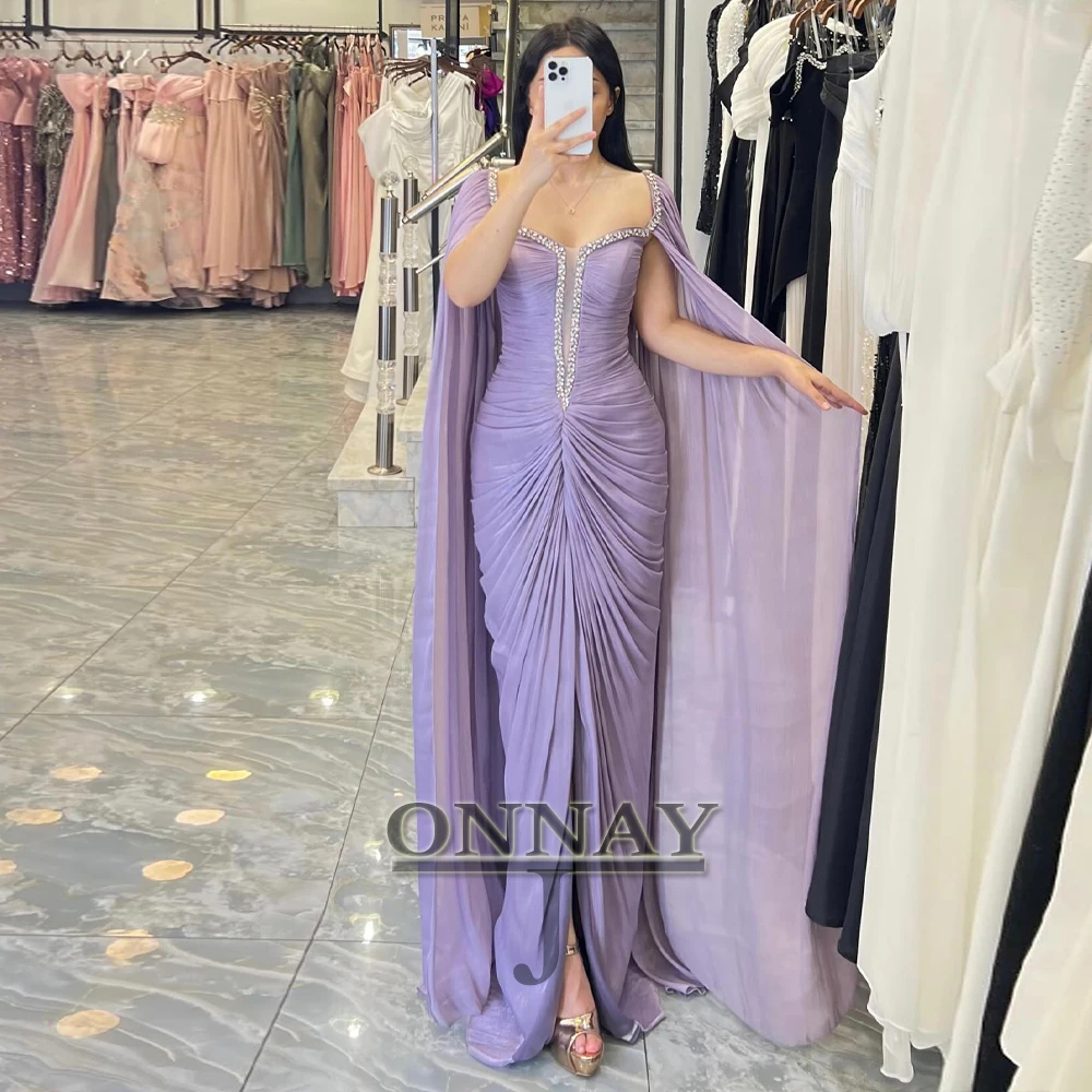 Customized Trendy Cloak Evening Dresses for Women Rhinestones Pleating Mermaid with Slit Kuwait Vestidos De Fiesta Plus Dubai