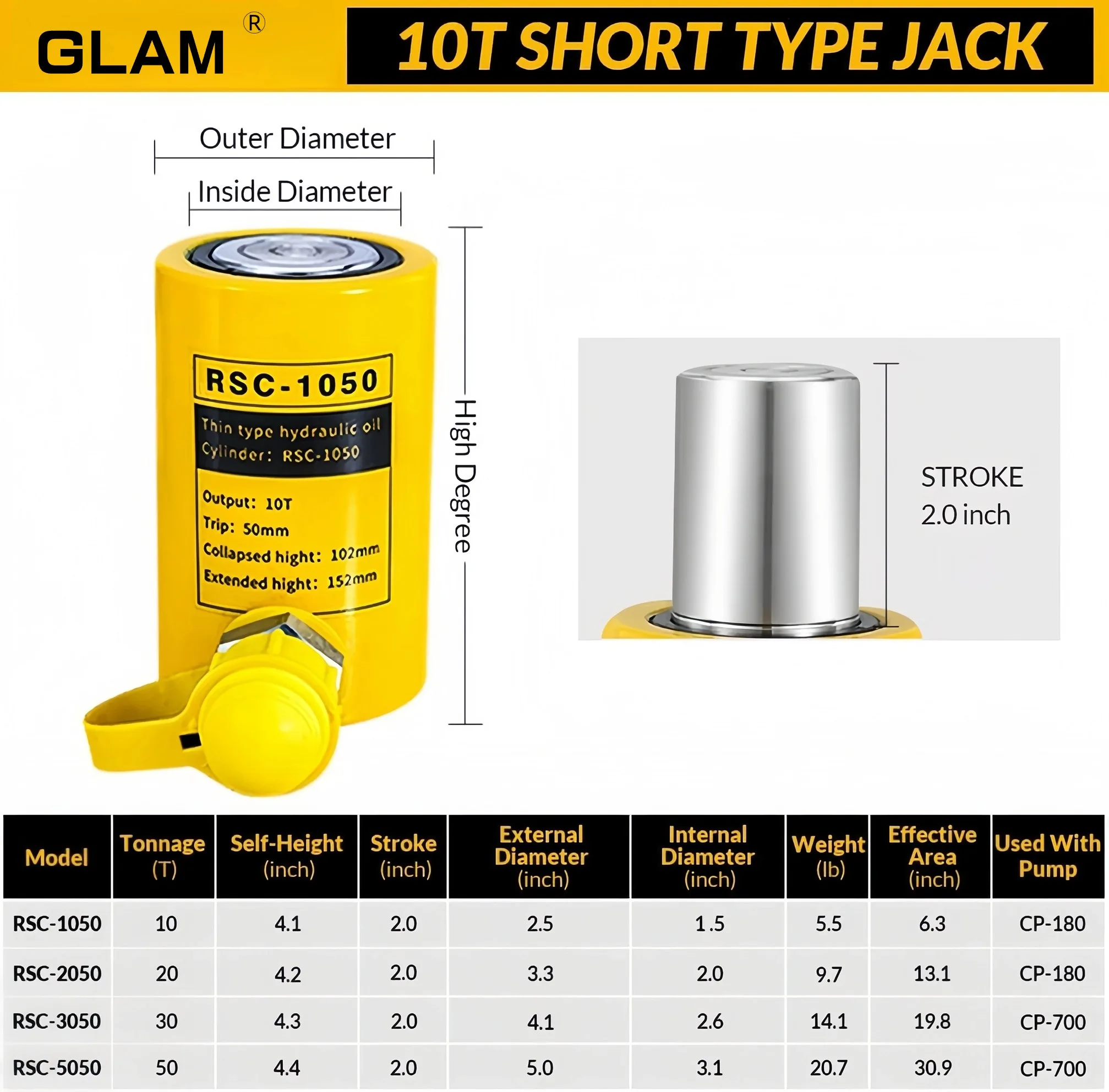 Adjustable 10Ton Steel Hydraulic Cylinder Jacks RSC-1050 With 50mm Long Stroke Single Acting Hydraulic Lifting Jack Certified GS