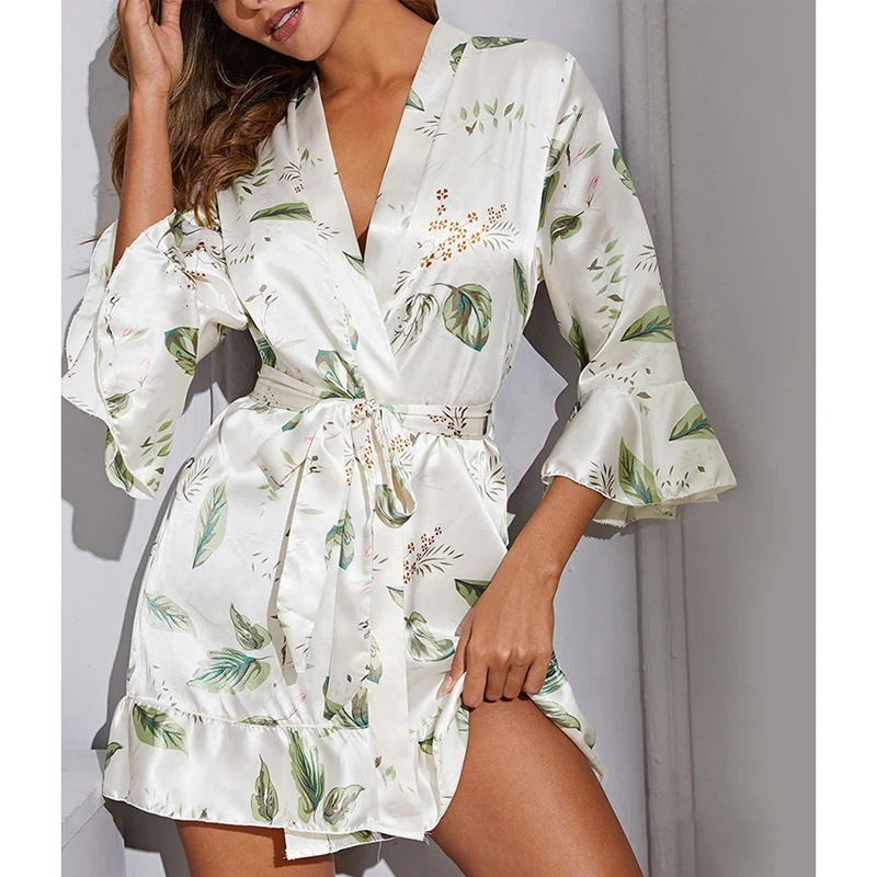 CINOON Women Home Night-robe Dresses Sexy Printed Nightgown Lingerie Ladies Silk Pajamas Bathrobe Home Cardigan Homewear Robe