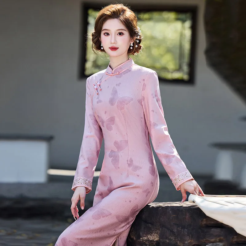 Yourqipao Winter Pink Long Sleeved Cheongsam Thickened Keep Warm Modified Retro Qipao Chinese Style Evening Dress for Women