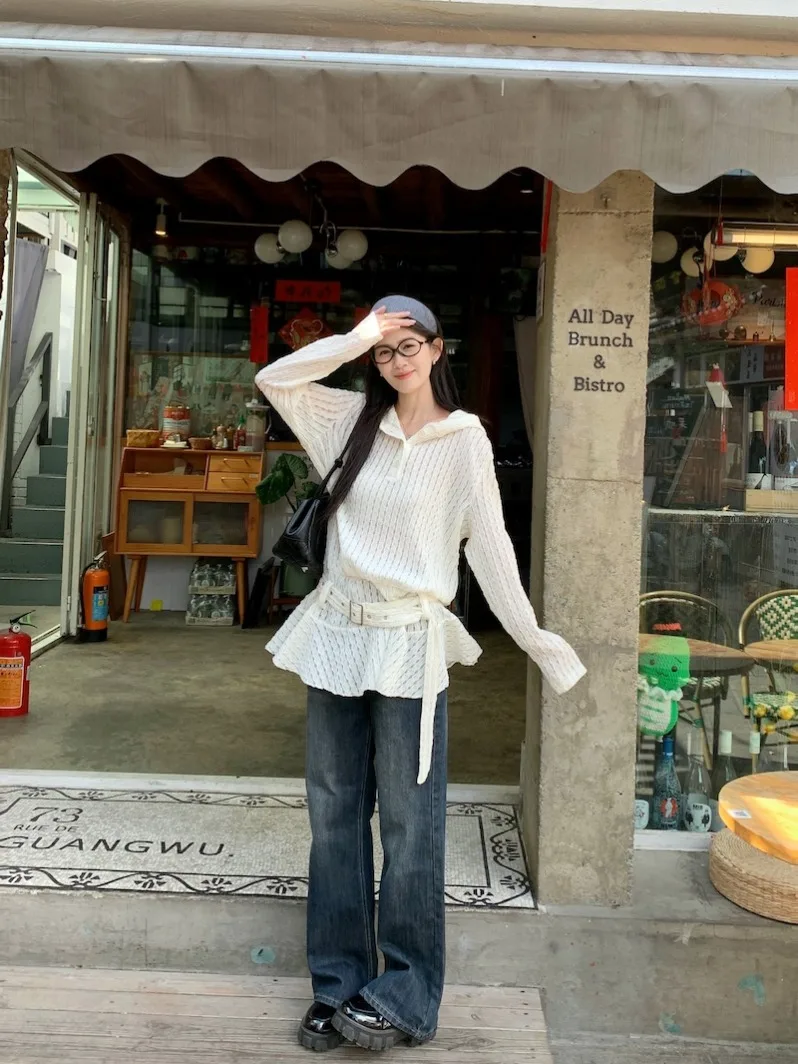 レディース ルーズ ロング スリーブ ニット セーター レース裾と透かしデザイン 韓国風 通勤 ファッション ホワイト トップス