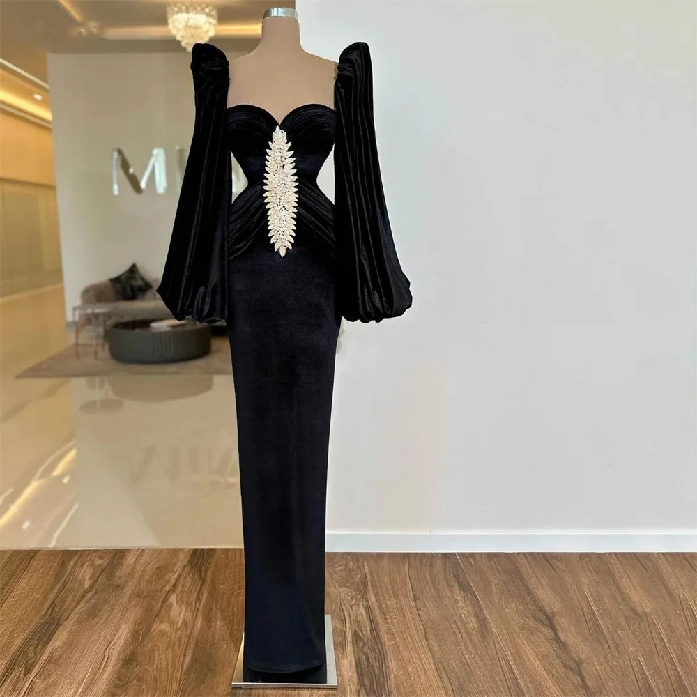 

Flora Dress Black Satin Mermaid Evening Gown Long Sleeves Sweetheart Beadings Pleated Prom Dresses Arabia Dubai For Women