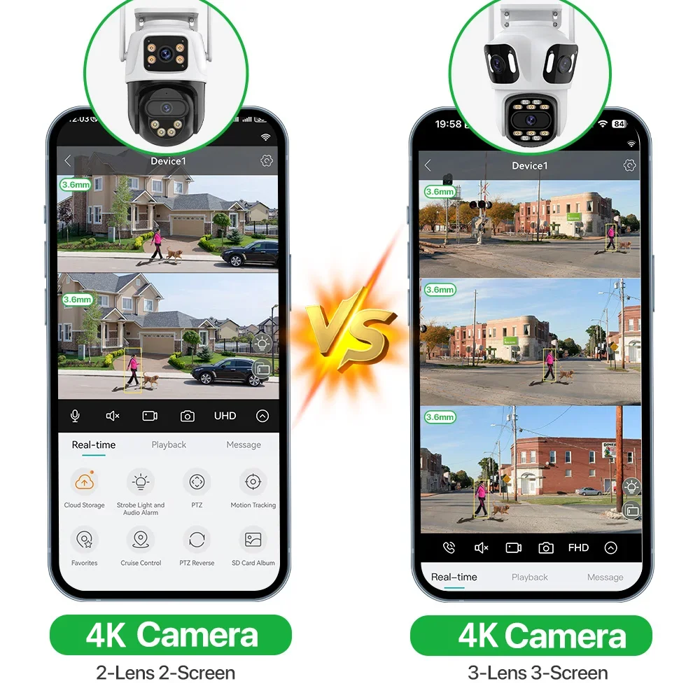 Kamera IP 8MP HD tiga layar, kamera WiFi eksternal, kamera luar ruangan 4K lensa ganda pelacakan otomatis keamanan kamera Video PTZ Surveillance iCsee