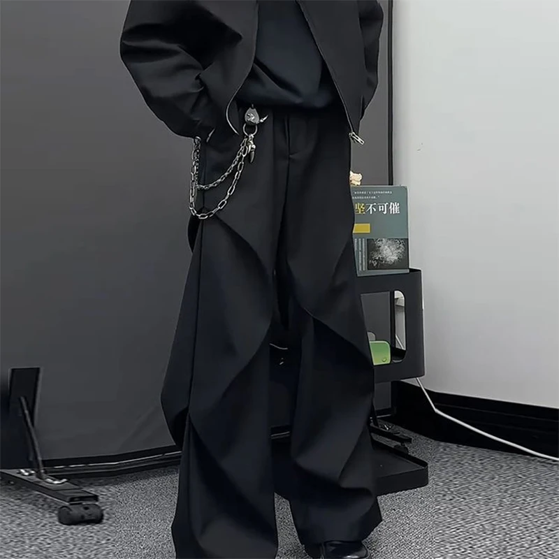 ARENS الذكور السراويل سبليت مطوي الماس على شكل فضفاض عادية واسعة الساق بنطلون واسعة الساق ثلاثي الأبعاد ملابس رجالية الصيف