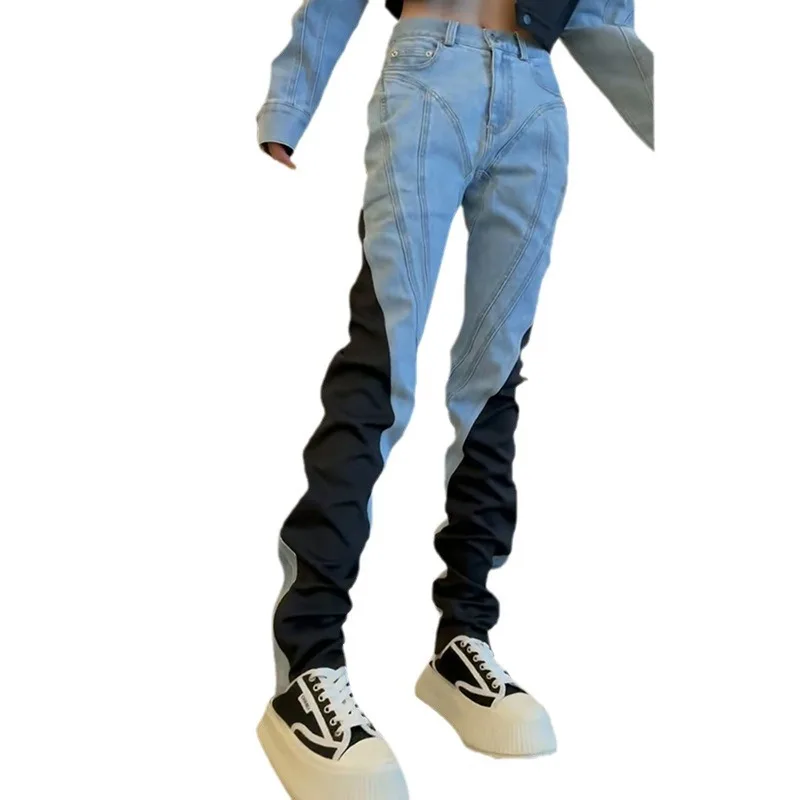 Setelan dua potong gaya hipster jalanan, koleksi musim gugur 2025, jaket denim serbaguna, celana jeans warna kontras pinggang tinggi, setelan wanita, 여자청자켓