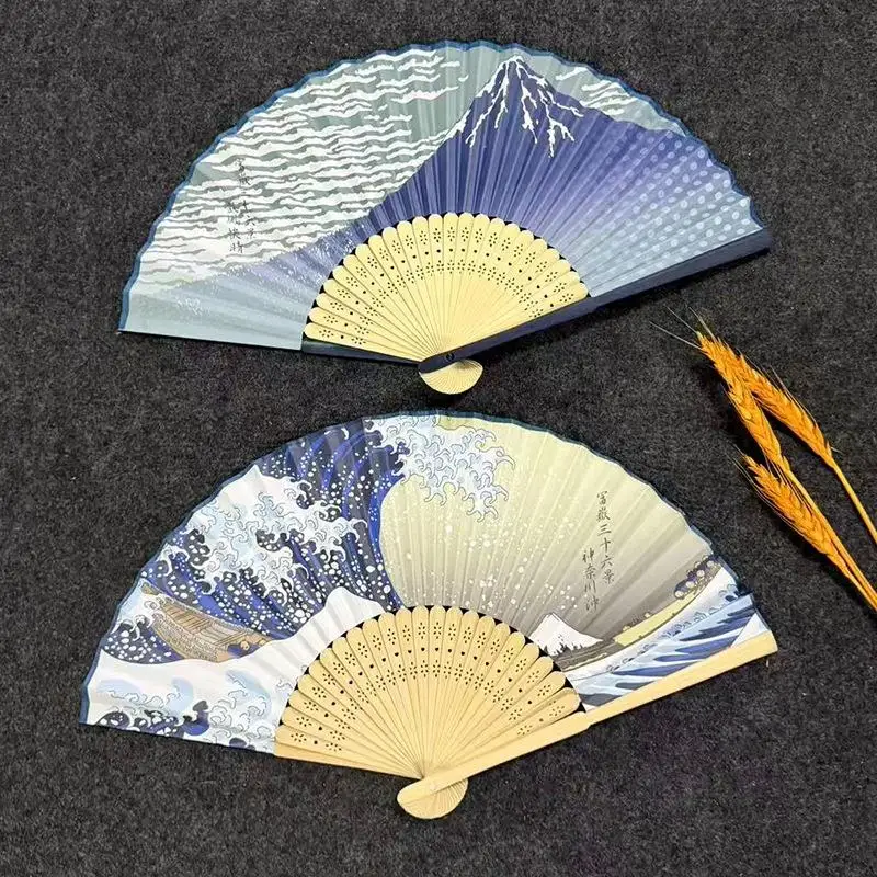 Japanese Bamboo Folding Fan Creative Wave Sashimi Print Handheld Foldable Fan for Anime Cosplay Costume Matching Prop