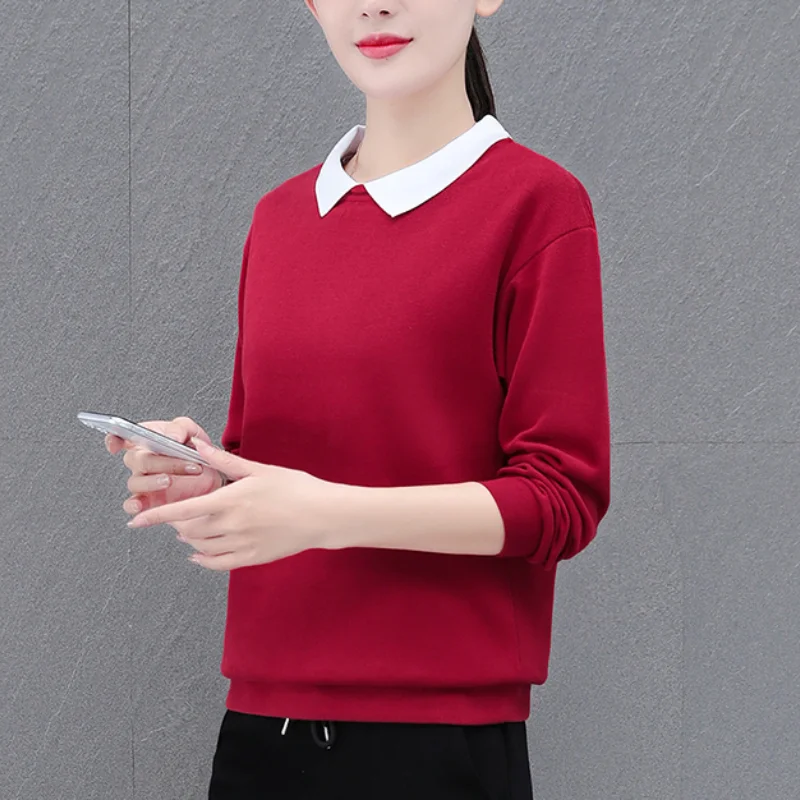 Spring and Autumn Women's Solid Color Combination Polo Neck Long Sleeves Loose Pullers Screw Thread Fashion All Match Tops