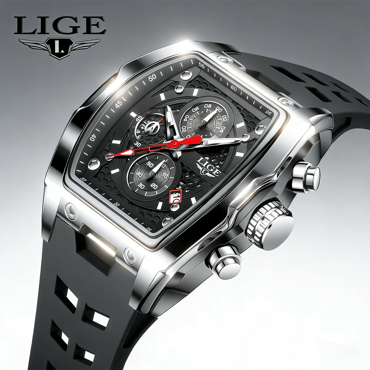 

LIGE Military Sports Silicone Watch Fashion Waterproof Quartz Watches Calendar Luminous Men's Watch Chronograph Watches for Man