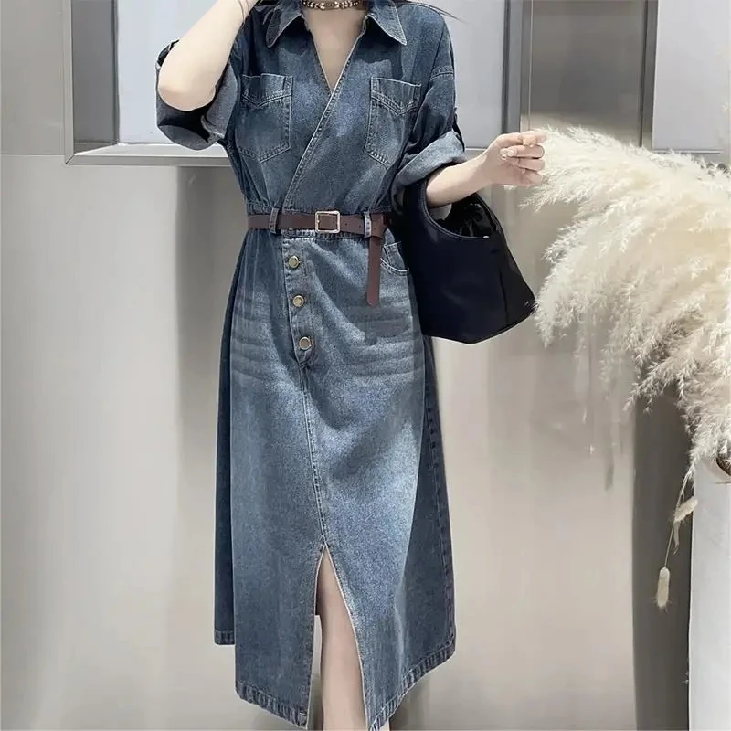 Vintage Denim Dress Women's Clothing 2024 Summer New Slim Temperament Fashion Casual Split Jean Dress Female With pockets