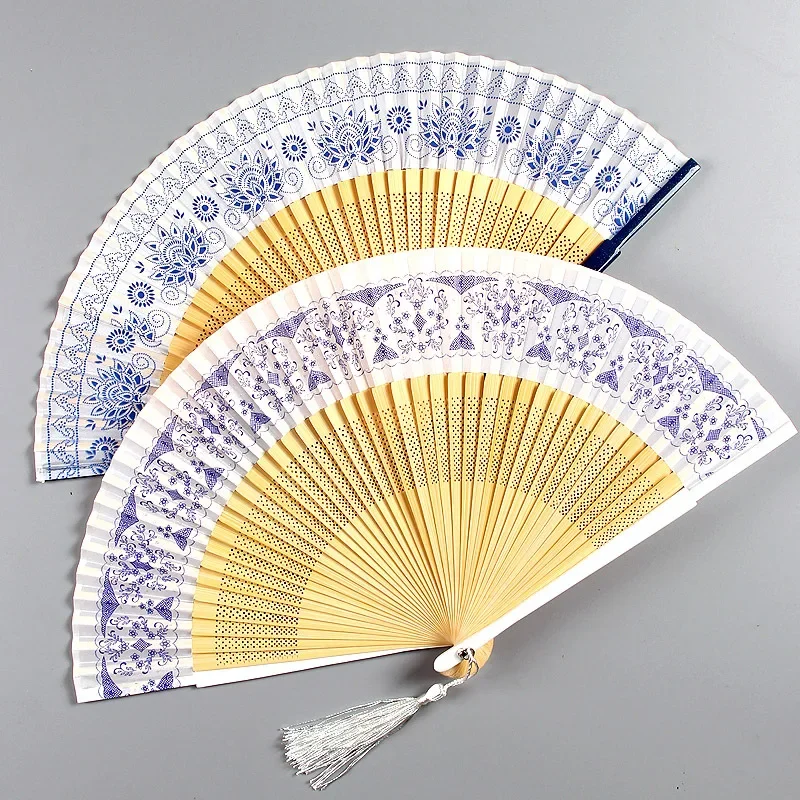 Chinese Style Folding Hand Fan, Ceramic Pattern, Dance Fan for Wedding Party, Vintage Home Decoration, Ornaments, High Quality