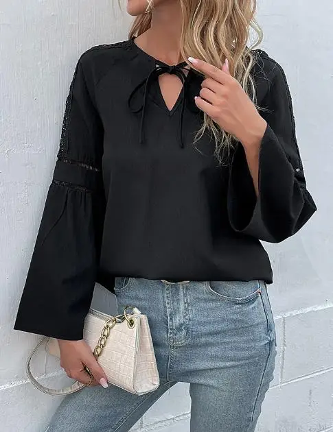 الخريف لون نقي المرأة خياطة سوداء قميص الدانتيل نمط الإناث