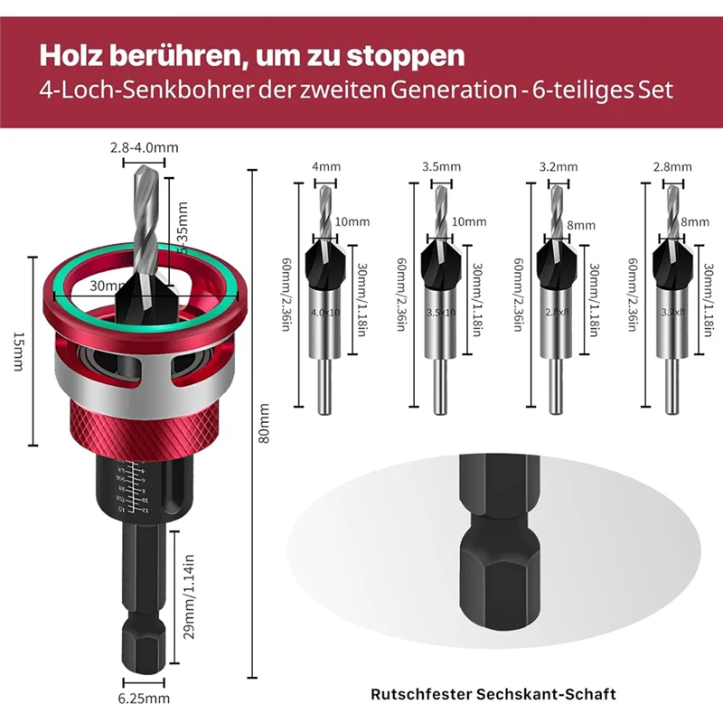 

【New-Sale】6-Piece Countersink Drill Bit Set With Depth Stop, Countersink Wood Drill Bits For Precision For Woodworking