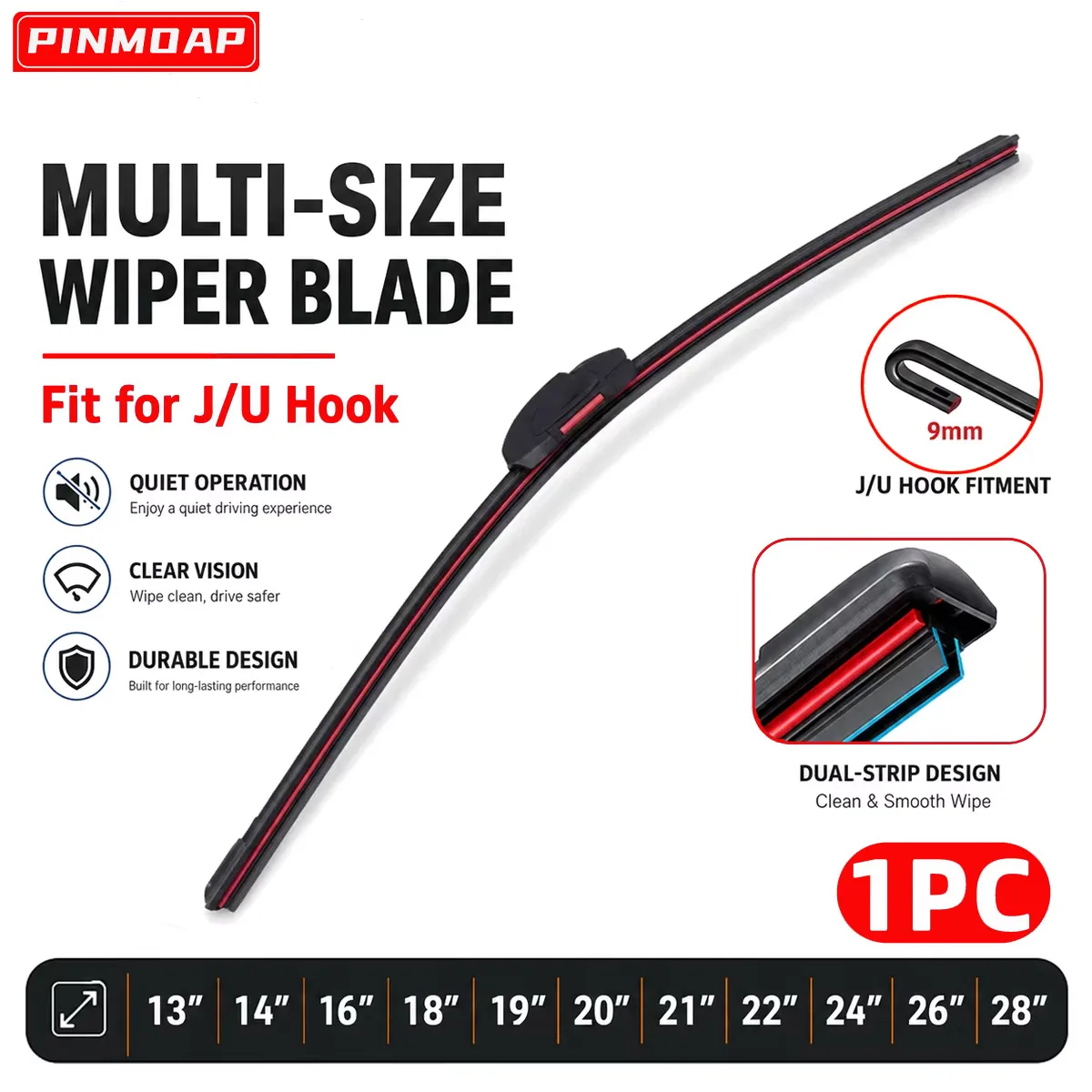 PINMOAP Car Wiper Blade Fit J/U Hook Windscreen Wiper Natural Rubber Silent Long Service Life 14
