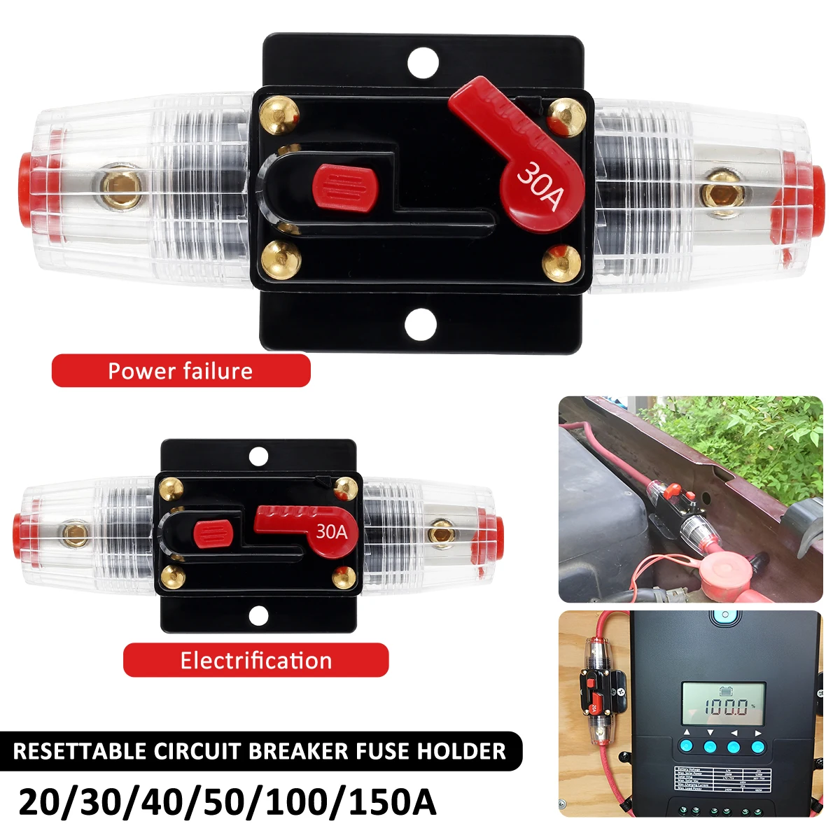 Hand Circuit Breaker Resettable Fuse Holder 12/48V DC Circuit Breaker Switch Safety Car RV Audio Inline Circuit Breaker Holder