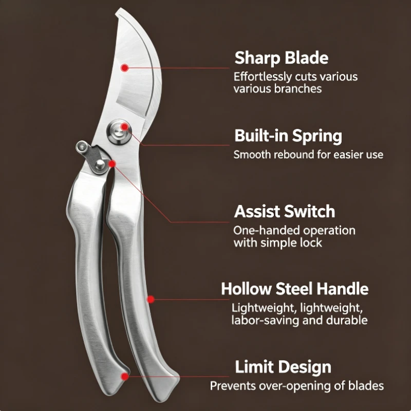 All‑Steel Heavy‑Duty Pruning Shears, 30CR14 Steel Multi‑Functional Hand Tool for Branch Trimming, Floral Pruning & Fruit Picking