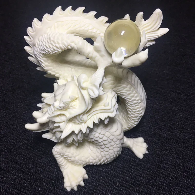 Chinese Feng Shui White Dragon Statue ，Dragon with Bead Sculpture，Home Living Room, Room Office Animal Decoration Accessories