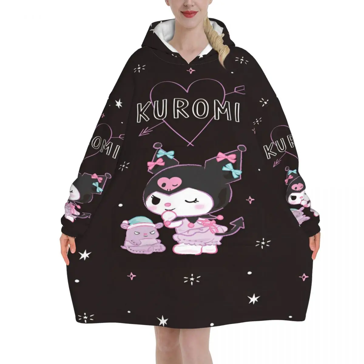 Kuromis Cartoon Cute Oversized Blanket Hoodie Sweatshirt Long Fleece Hooded Wearable Blanket with Large Pocket for Women Men