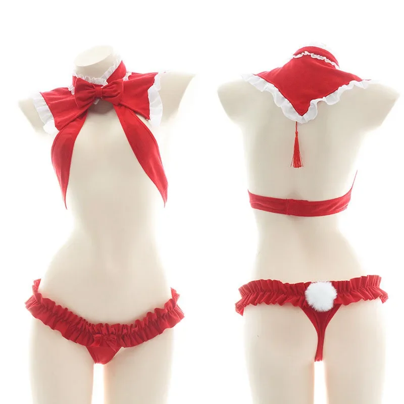 

Santa Sexy Costume Christmas Lingerie Set Cute Hollow Out Bikini Bowknot Ruffle Halter Neck Bra Rabbit Tail Briefs Cosplay Set