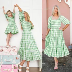 Family Christmas Clothing Sets Summer Green Plaid Mother-Kids Matching Dresses Mommy and Daughter Dress Family Look Clothes