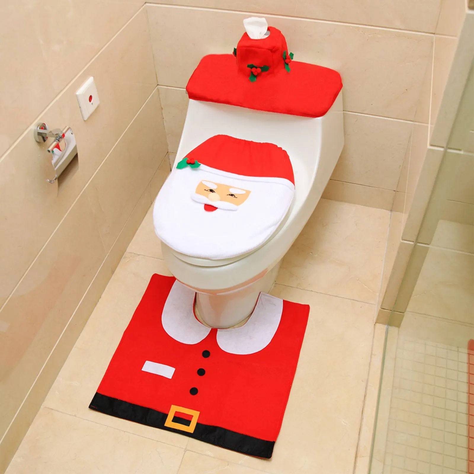 

1Set Christmas Toilet Cover Set Santa Theme Decorative Toilet Seat Lid Water Tank Floor Mat Xmas Bathroom Set Water Tank Cover