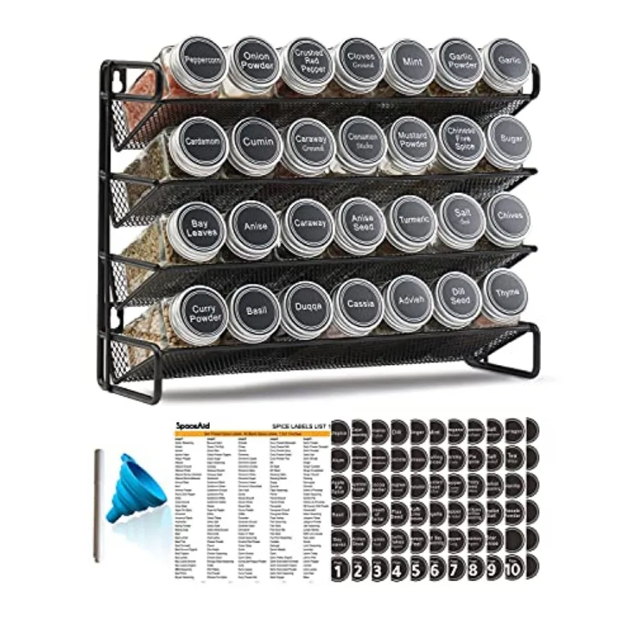 

Spice Rack Organizer with 28 Spice Jars, 386 Spice Labels, Chalk Marker and Funnel Set for Cabinet, Countertop, Pantry, Cupboar