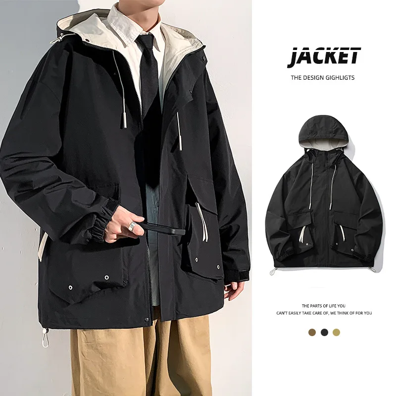 Men Preppy Style Streetwear Mens Casual Loose Outerwear Oversize Plus Size Windbreaker Workwear Coat Brown Hooded Jacket S-3XL