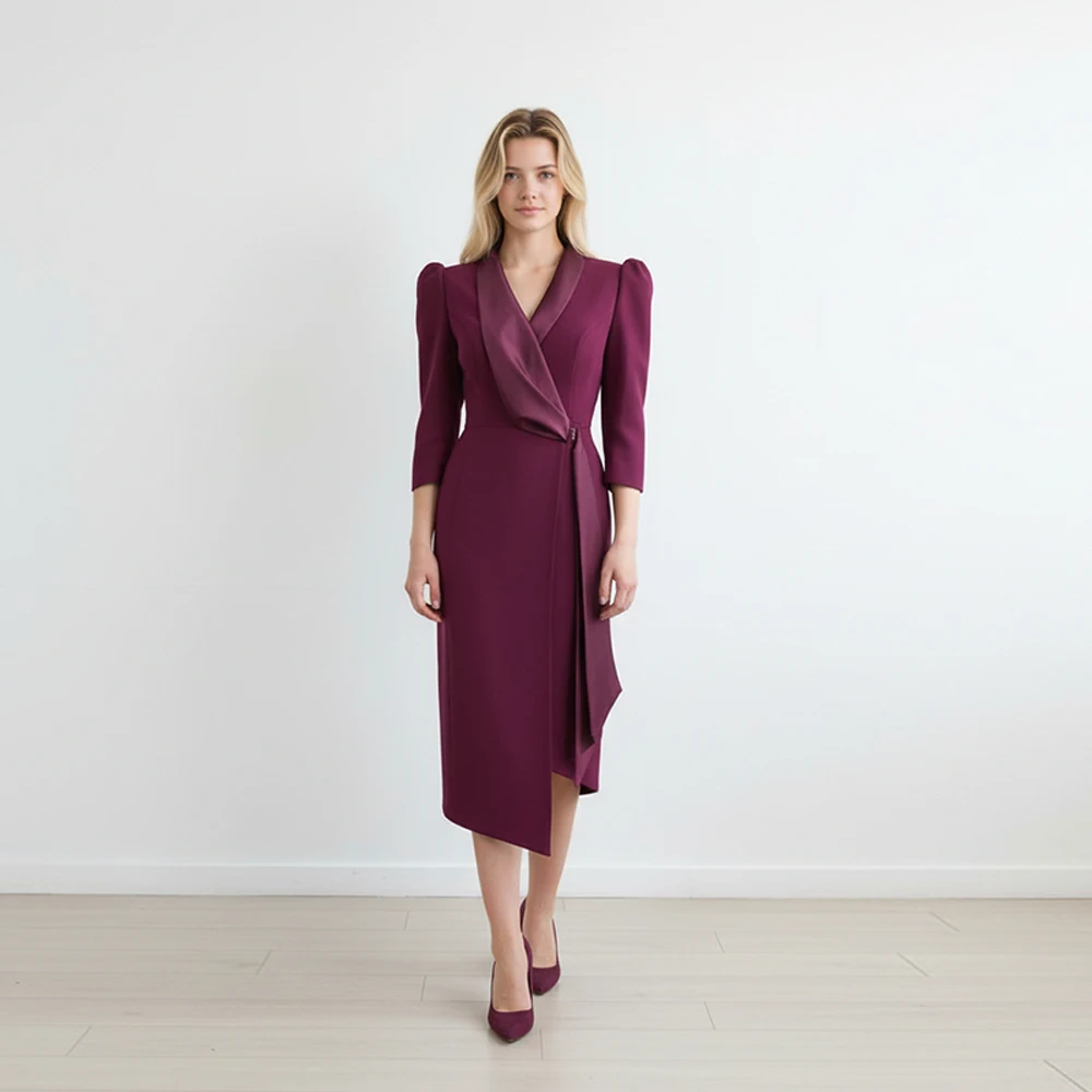 

Elegant Mother of the Bride Dresses for Women Party V Neck Tea Length 3/4 Sleeves Wedding Guest Dress Midi Formal Evening Gowns