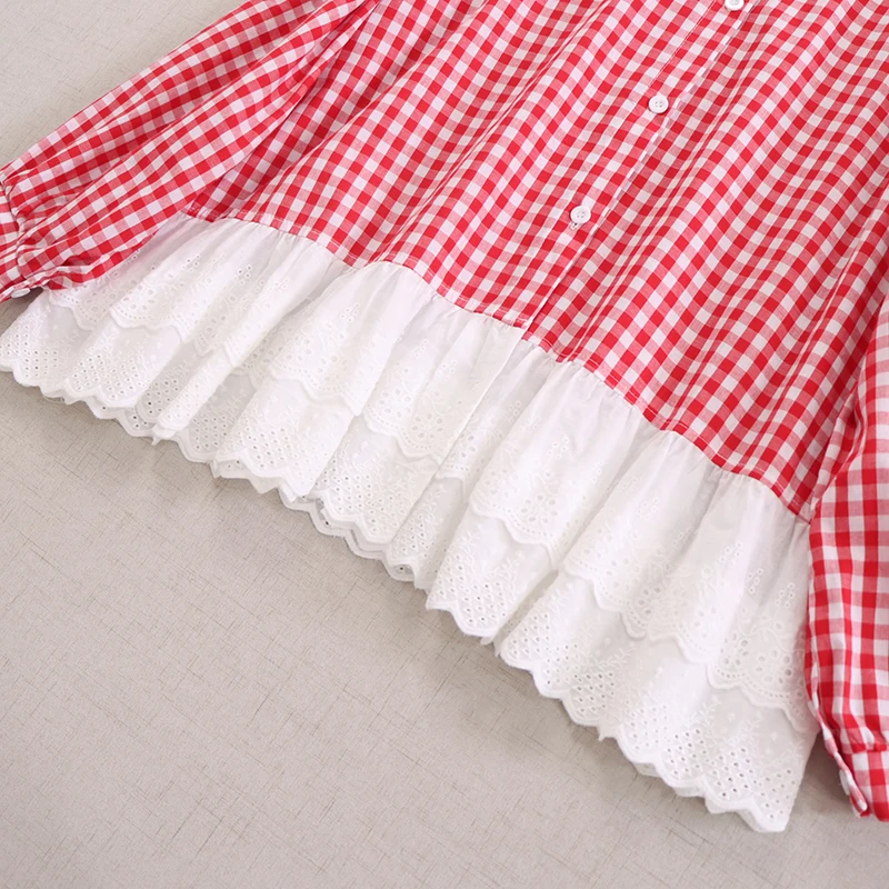 Spring New Japanese Sweet Mori Girl Plaid Lace Embroidery Patchwork Cotton Shirts Women Cute Peter Pan Collar Long Sleeve Blouse