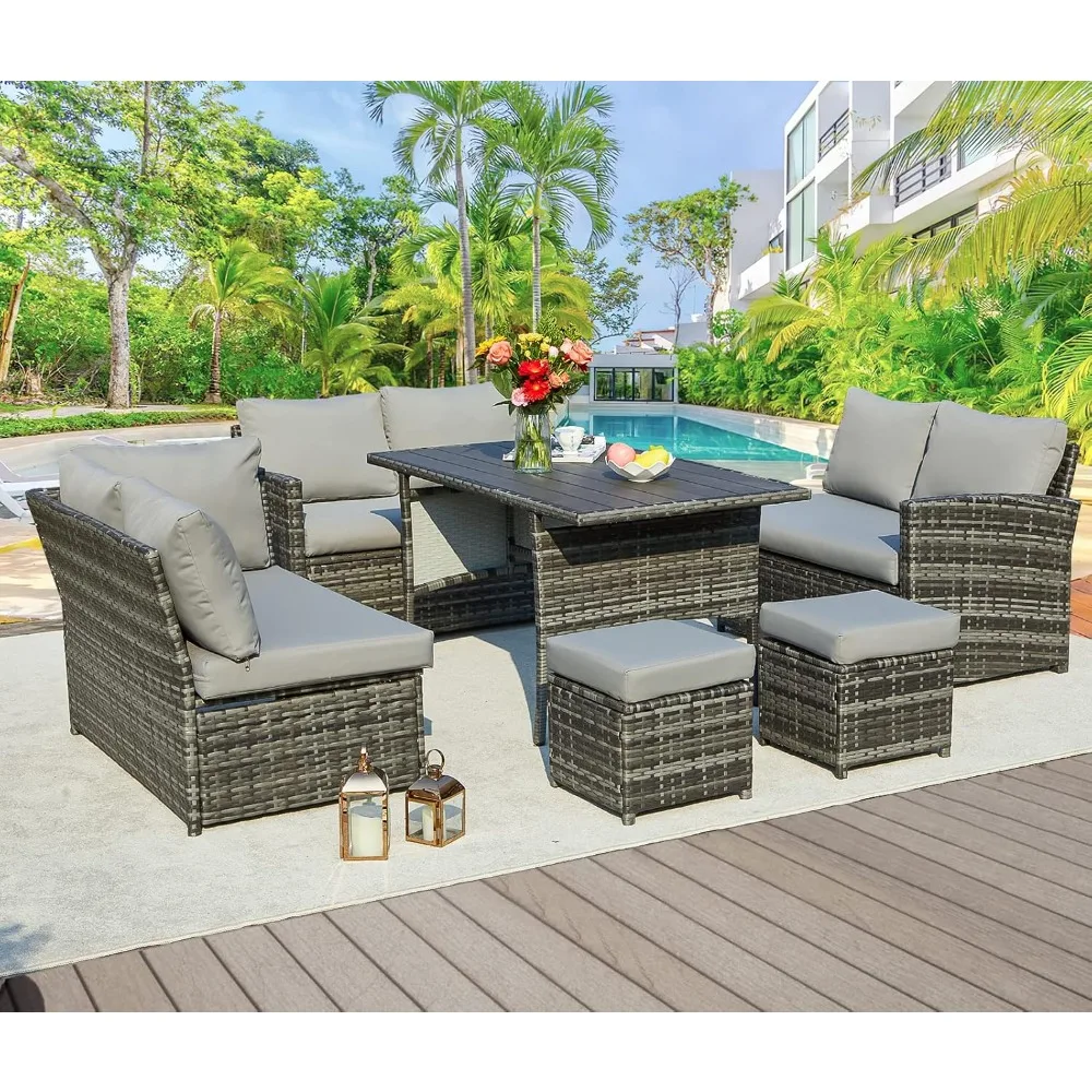 Garden Sofa, 7 Piece, Outdoor Furniture with Dining Table, Chairs and Footstools, All Weather Wicker Parlor Set, Patio Sofa Set