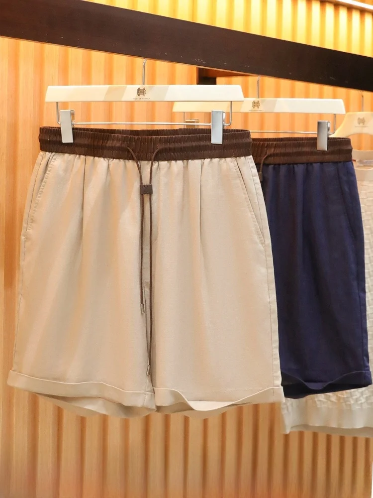 Italian Style Casual Outdoor Sports Shorts Color Block Lenzing Hemp Blend Summer High-End Feeling Men's Loose Elastic Waist