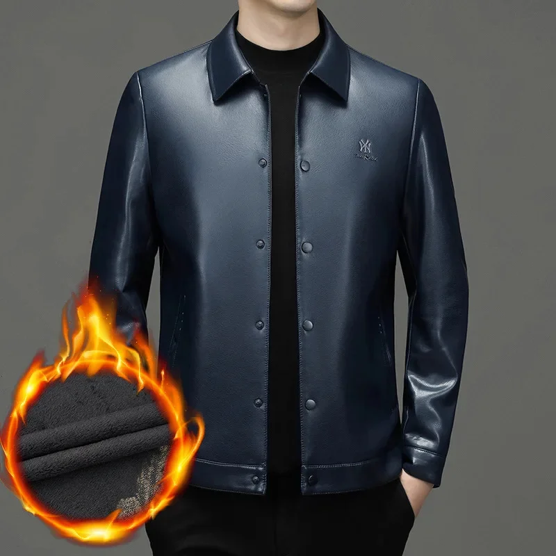 2023 Autumn Winter New Men Lapel Solid Color Coat Korean Slim Pu Imitation Leather Fleece Jacket Large Size Casual Top