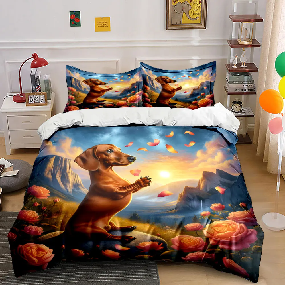 3Pcs Dachshund Sunset Mountain Rose Bedding Set, Realistic Pet Floral Print Duvet Cover 2 Pillowcases King Queen, Gift