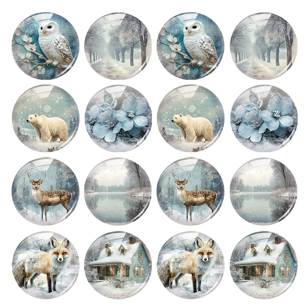 Handmade Christmas Snow Winter Wolf Bear Owls Round Photo Glass Cabochon Flatback Demo Flat Back Cameo For Diy Jewelry Making