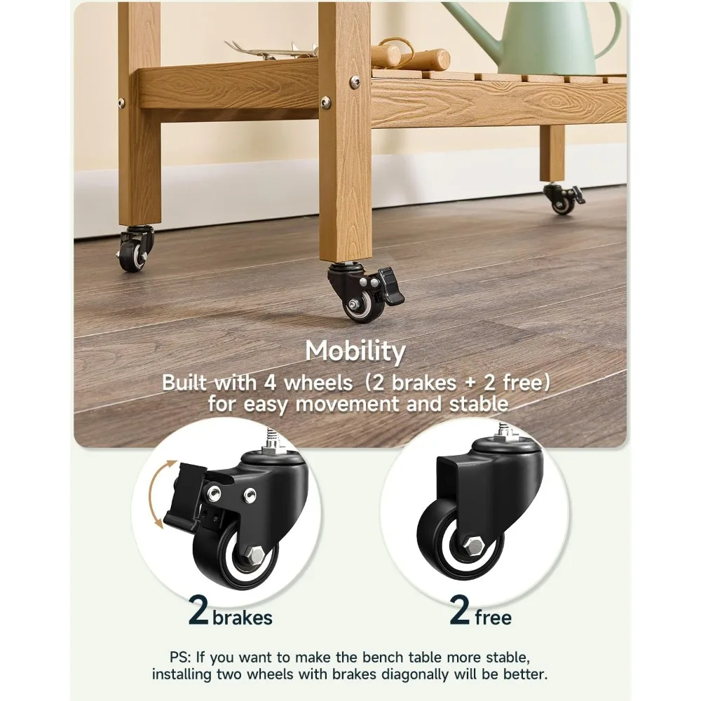 HDPS Outdoor Potting Bench with Sliding Tabletop/ 4 Wheels/Removable Sink, All-Weather Outside Garden Work Table, No Rust/Fade/B