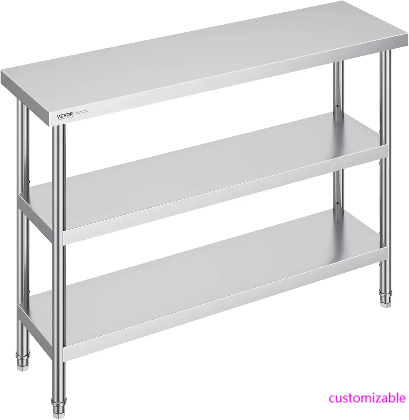 โต๊ะเตรียมอาหารสแตนเลส, โต๊ะทํางานในครัวเชิงพาณิชย์ขนาด 14 x 48 x 34 นิ้ว, พร้อมชั้นใต้แบบปรับได้ 2 อัน, อุปกรณ์ประกอบงานหนัก