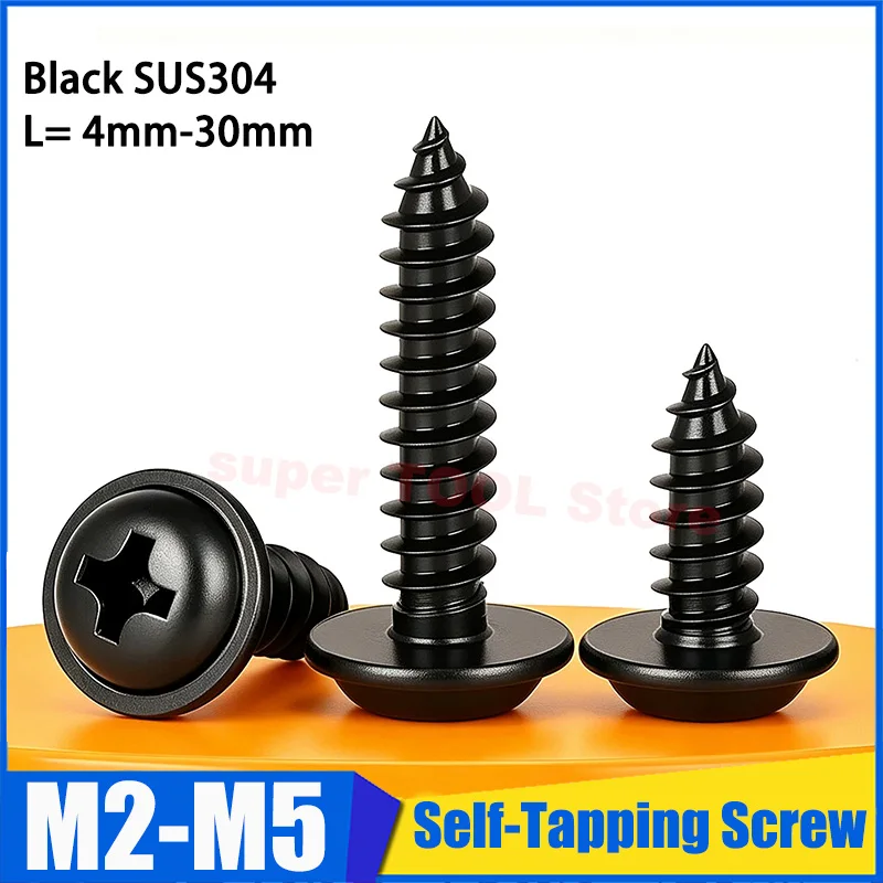 10-100pcs M2 M2.6 M3 M4 M5 Black 304 Stainless Steel Phillips Cross Round Head Self Tapping Screw Self-tapping Screws With Pad