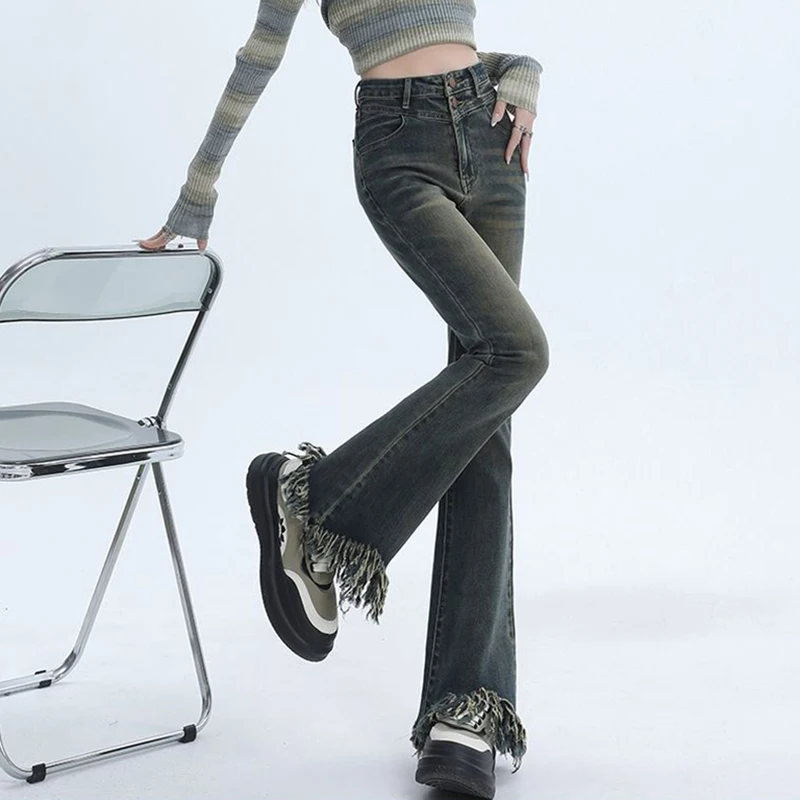 Damen Chic Zerrissene Designer High-Waist Schlagjeans Mädchen Y2k Retro Mode Dünne Hosen Weibliche Koreanische Lässige Denim-Hosen