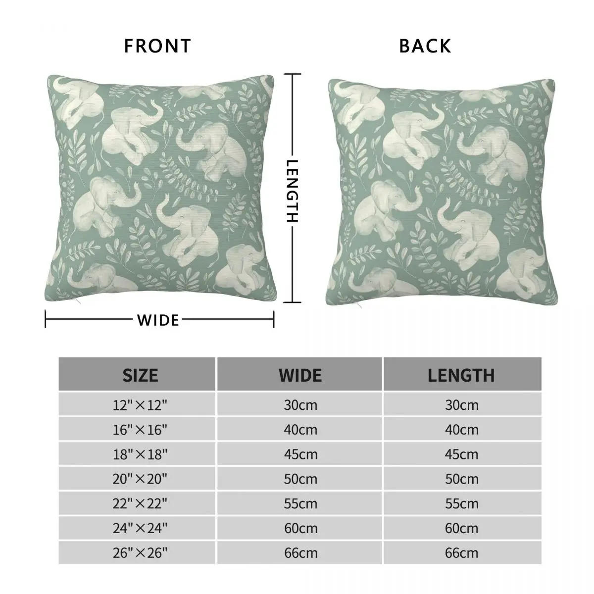 Laughing Baby Elephants Sage Green Square Pillowcase Polyester Linen Velvet Creative Zip Throw Pillow Case Sofa Cushion Cover