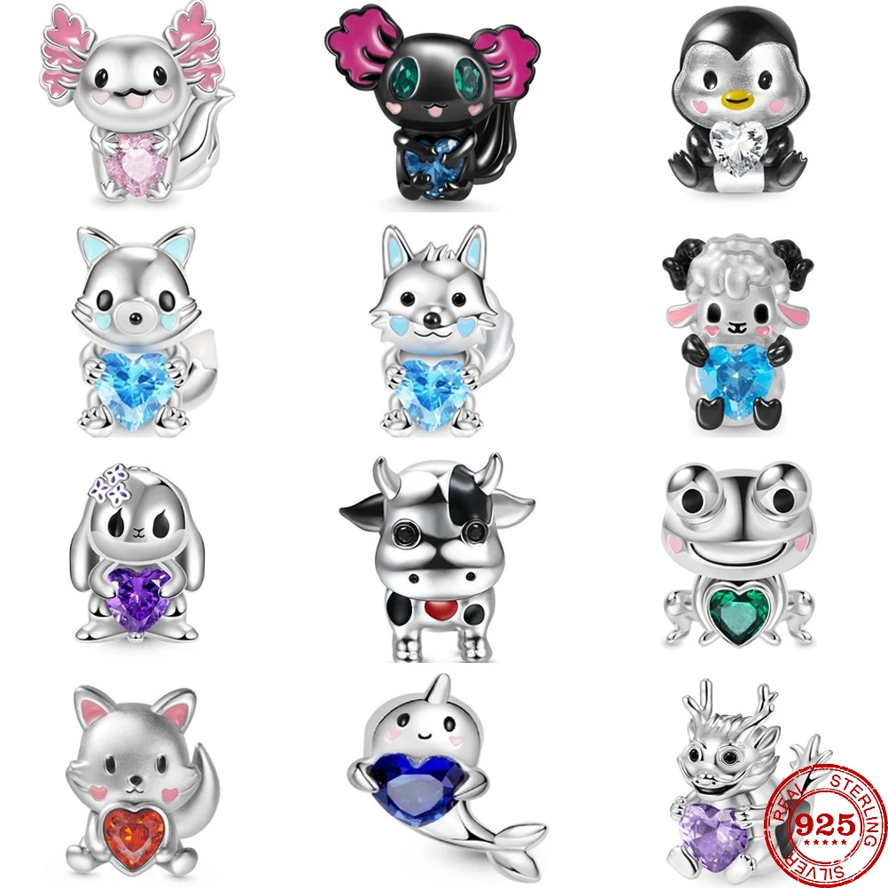 

New 925 Sterling Silver Heart zircon Salamander Wolf Sheep Cattle Rabbit Frog charm Bead Fit Pandora Charm Bracelets DIY Jewelry