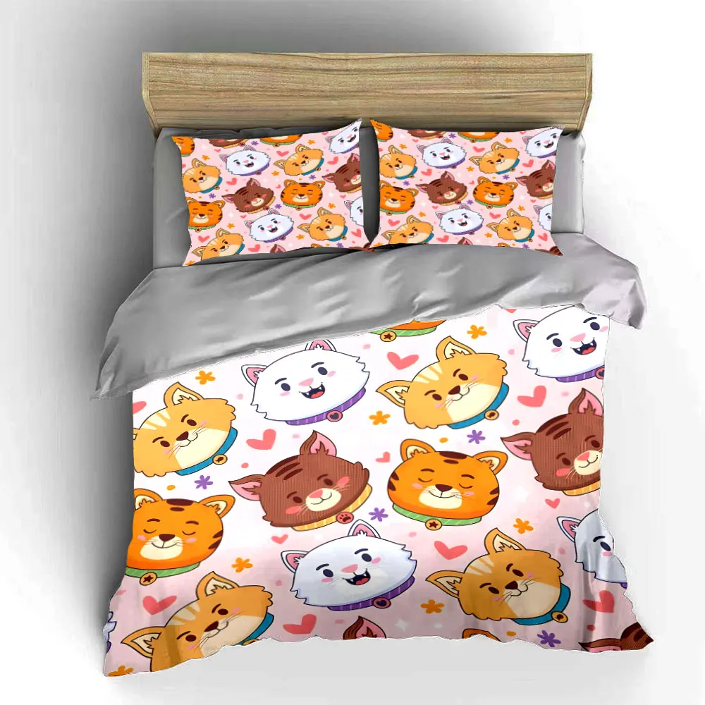 3Pcs Kawaii Mixed Cat Face Heart Duvet Cover Set, Pastel Pink Kids Kitty Bedding Includes 1 Duvet Cover And 2 Pillowcase, Gift view 5