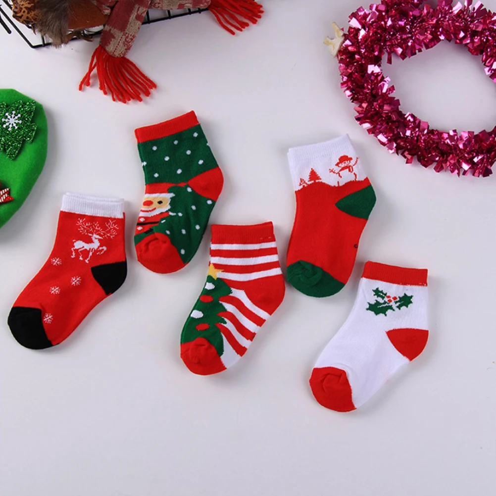 

5 Pairs Kids Cotton Socks Christmas Cartoon Pattern Thick Non Slip Above Calf Warm Elastic Toddler Stockings Festival