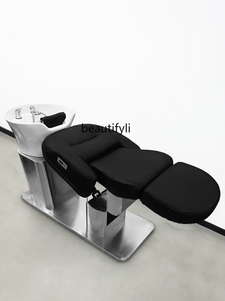 Hair Salon Half Lying Flushing Bed Electric Adjustable Barber Shop Shampoo Chair for Hair Salon High-End Ceramic Basin