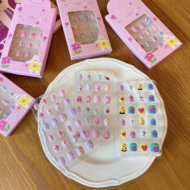 24Pcs/box Colorful Cute Cartoon Children Nail Tips Fake Nail Set with Jelly Glue Adhesive Girl Kit DIY Art