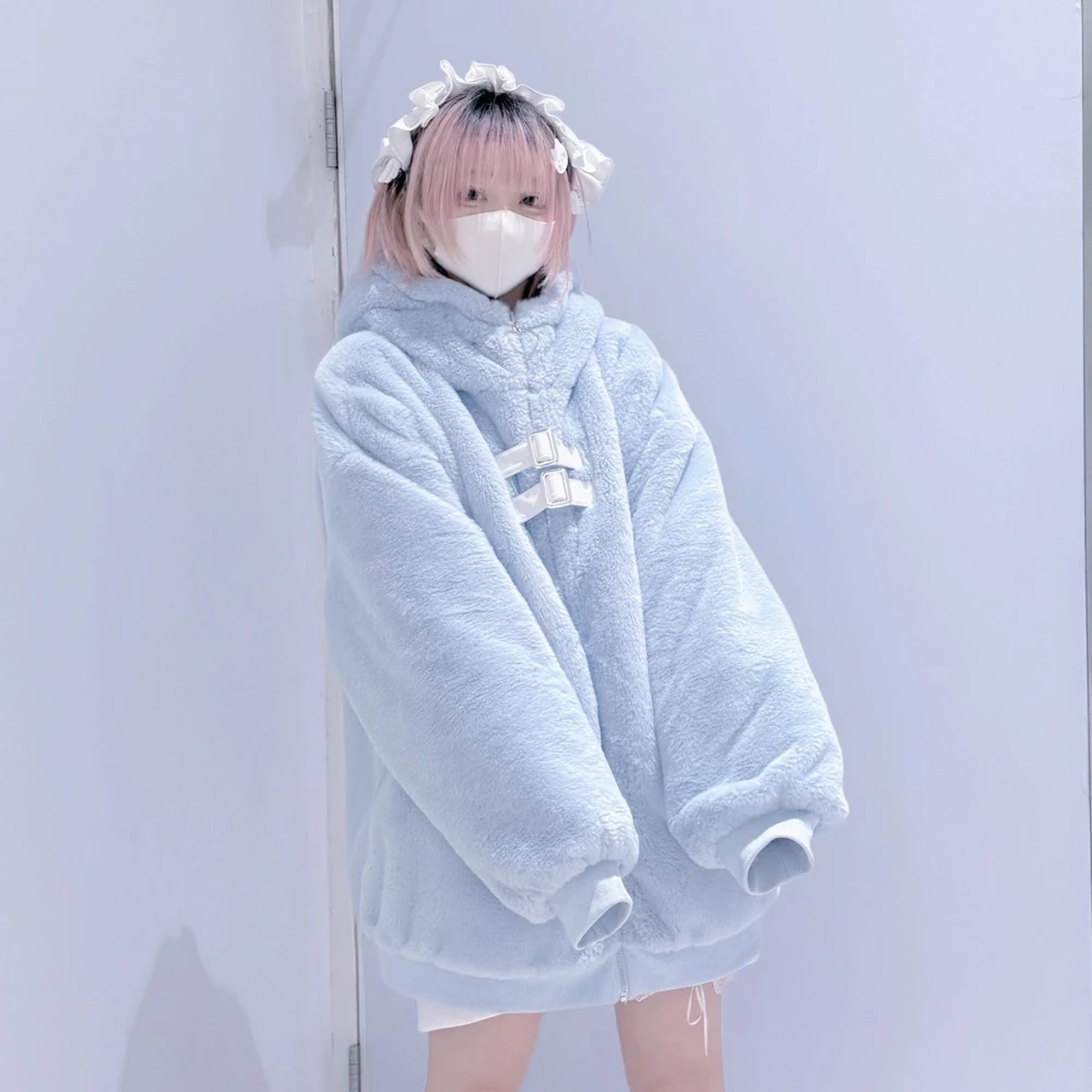 2025 الشتاء الأصلي اليابانية لوليتا معطف فروي أرنب الأذن مقنعين سستة بولي Buckle مشبك فضفاض تنوعا سميكة أفخم سترة للنساء #4