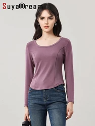 SuyaDream damska mieszanka wełny koszulka termiczna, O dekolt, długi rękaw, w stylu Basic Slim koszulka, monochromatyczna, 2023 jesień, zimowe krótki Top