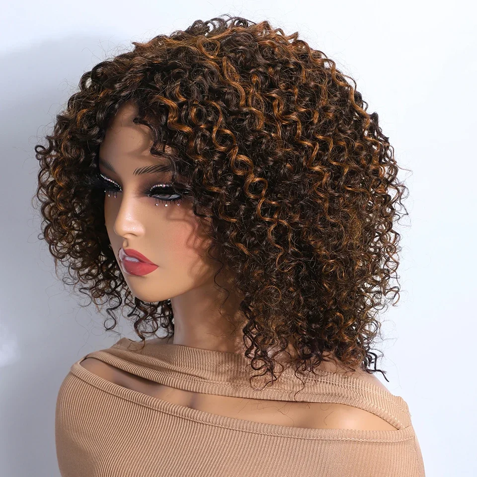 

Short Dream Curly Bob Human Hair Wigs With Bangs Full Machine Made Wigs Brazilian Remy Highlight Honey Blonde Wigs For Women