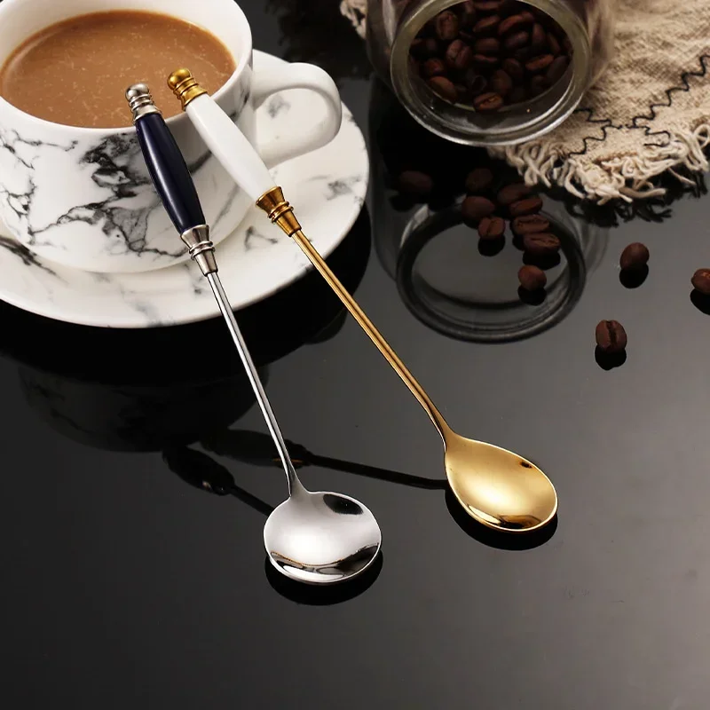 Stainless Steel Coffee Spoon European Style Tempered Ceramic Handle Titanium Plated Stirring Dessert Spoon